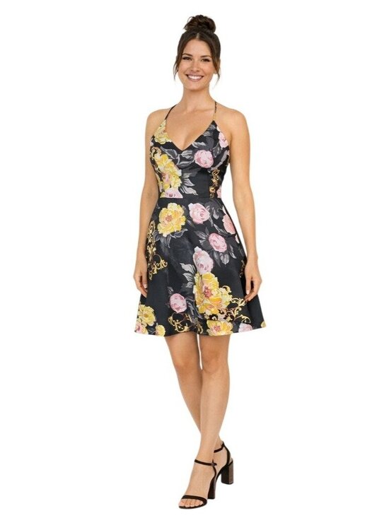 BCX Dresses & Skirts - New BCX Floral Halter-Neck Size 3 Fit & Flare Dress Black/Yellow/Pink Polyester